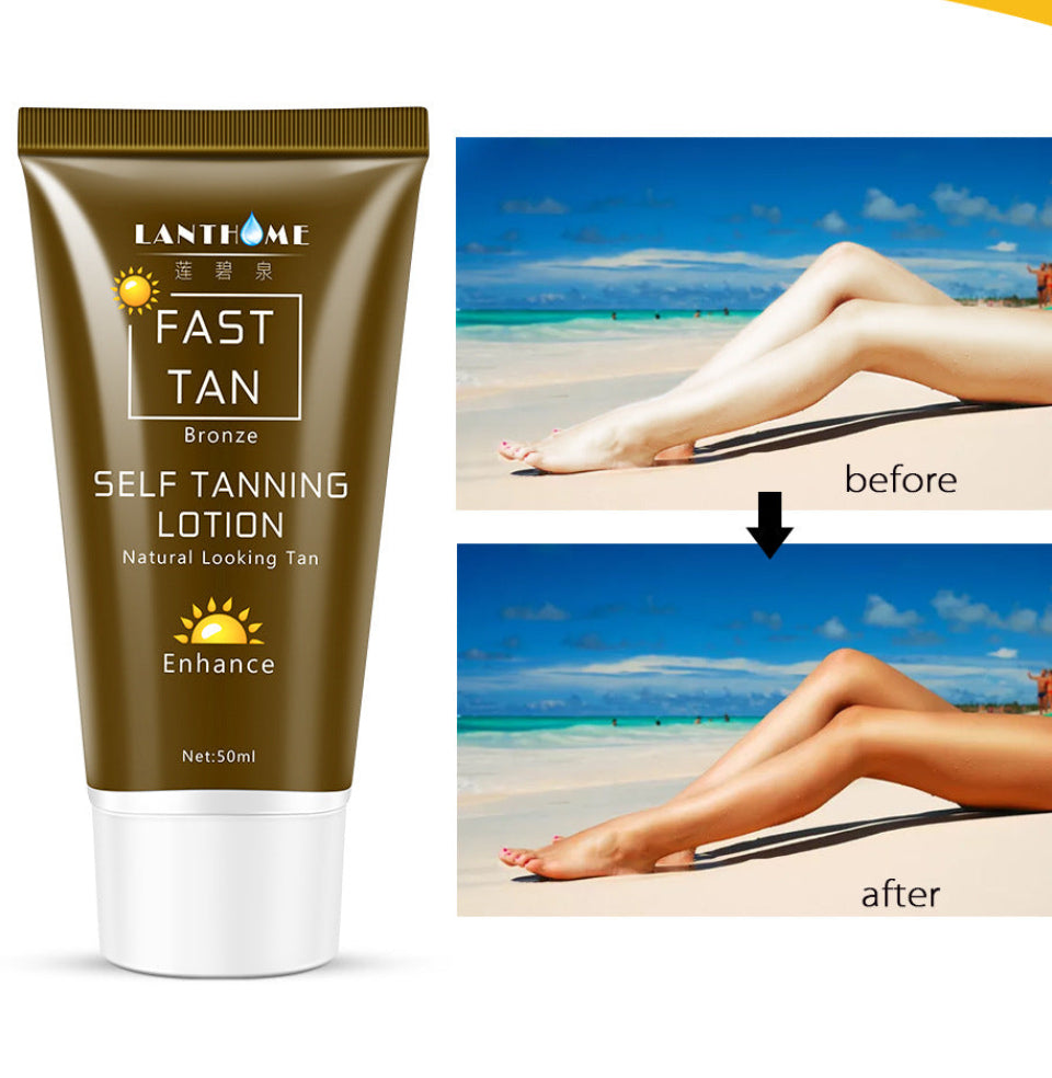 Woman showing natural glowing tan after using tanning lotion